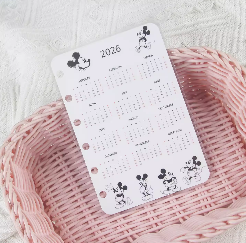 2026 Calendar A7 Planner Card | 1pc Mickey Mouse Loose-Leaf Divider for Binder Journals