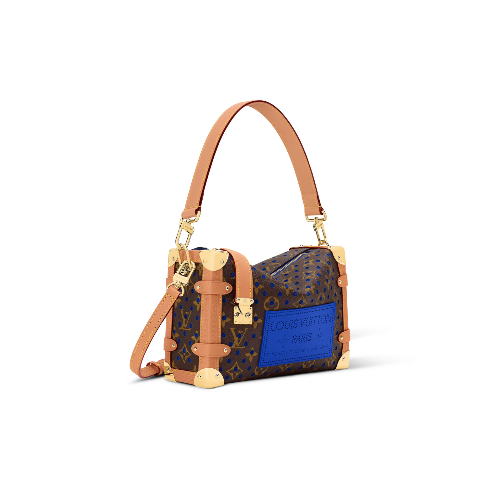 M28490 LouisV Side Trunk Medium Bag – Blue Monogram Perfo Coated Canvas with Leather Trim – 23.5 x 16 x 8.5 cm