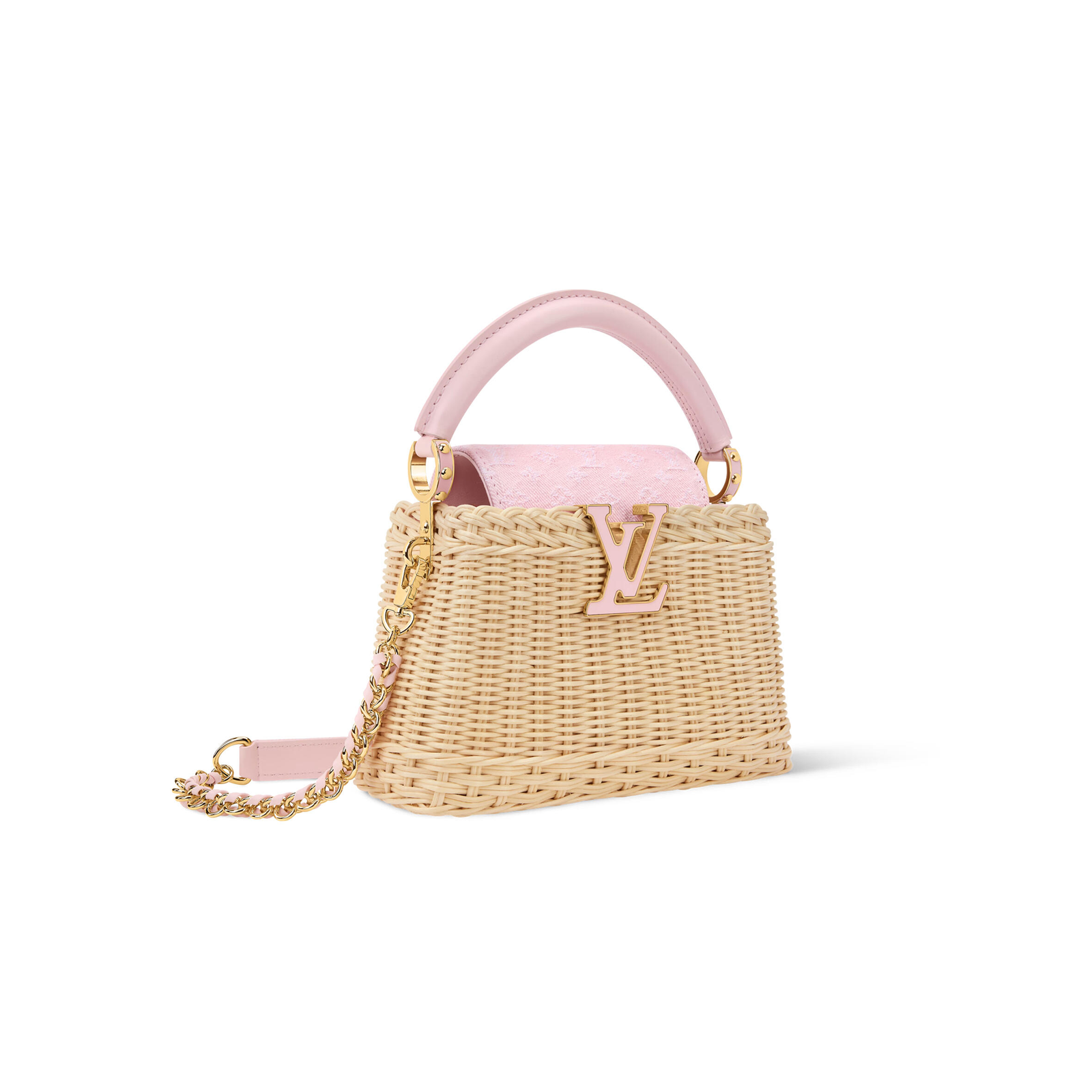 M28548 LouisV Capucines Mini - Pink Rattan & Denim  Leather Trim - 21 × 14 × 8 cm