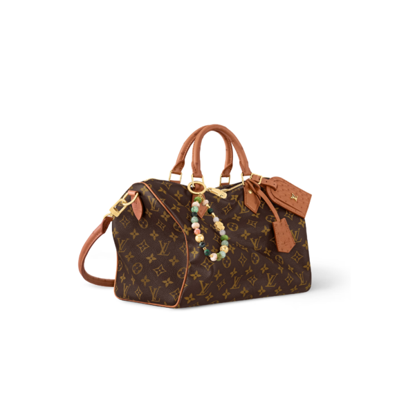 N87212 Louis Vuitton Speedy Soft 30 Boho Handbag Monogram Coated Canvas Ostrich Leather Trim Brown 21 × 17 × 30 cm