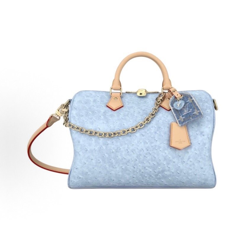 M89688 Louis Vuitton Speedy Soft 30 Blue Ostrich Embossed Leather Top Handle Shoulder Bag 30 × 21 × 17 cm