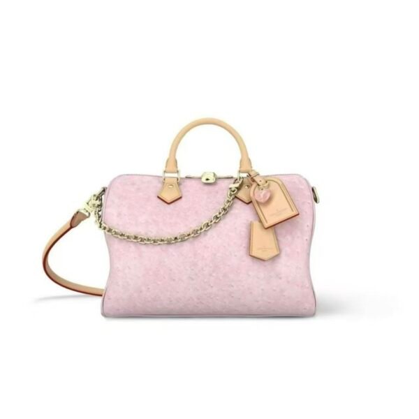 M89810 Louis Vuitton Speedy Soft 30 Pink Ostrich Embossed Leather Top Handle Shoulder Bag 30 × 21 × 17 cm