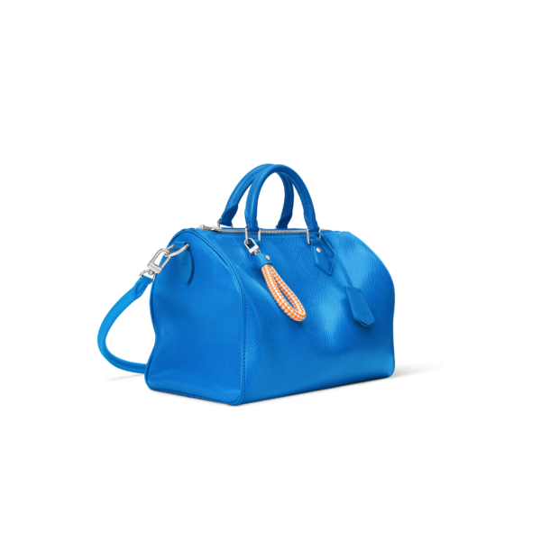 M29096 Louis Vuitton Speedy Soft 30 Boho Bag Blue Monogram Canvas with Ostrich Leather Trim Top Handle Shoulder Bag 30 × 21 × 17 cm