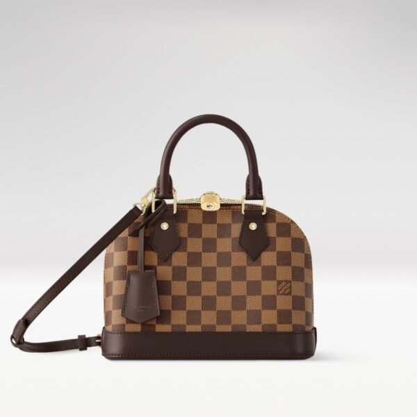 N40606 Louis Vuitton Alma BB Damier Ebene Canvas Brown Coated Canvas with Smooth Leather Trim Top Handle Crossbody Bag 23.5 × 17.5 × 11.5 cm