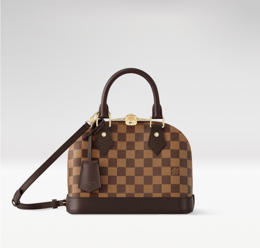 N40606 Louis Vuitton Alma BB Damier Ebene Canvas Brown Coated Canvas with Smooth Leather Trim Top Handle Crossbody Bag 23.5 × 17.5 × 11.5 cm