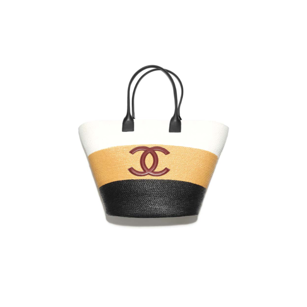 AS6148 Chanel Coco Beach Tote Bag White Orange Black Raffia Woven with Smooth Leather Handle 58 × 36 × 22 cm