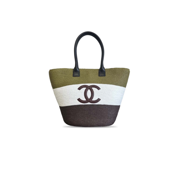 AS6148 Chanel Coco Beach Tote Bag Green Brown White Raffia Woven with Smooth Leather Handle 58 × 36 × 22 cm