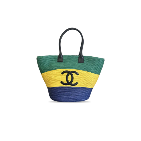 AS6148 Chanel Coco Beach Tote Bag Green Yellow Blue Raffia Woven with Smooth Leather Handle 58 × 36 × 22 cm