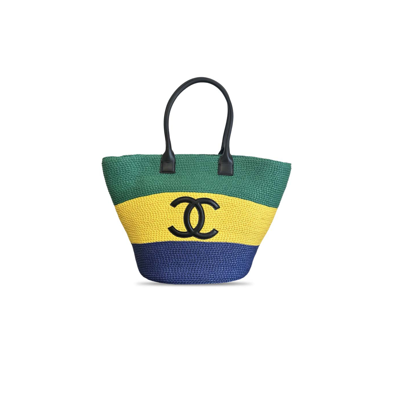 AS6148 Chanel Coco Beach Tote Bag Green Yellow Blue Raffia Woven with Smooth Leather Handle 58 × 36 × 22 cm