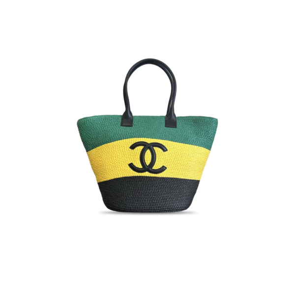 AS6148 Chanel Coco Beach Tote Bag Green Yellow Black Raffia Woven with Smooth Leather Handle 58 × 36 × 22 cm