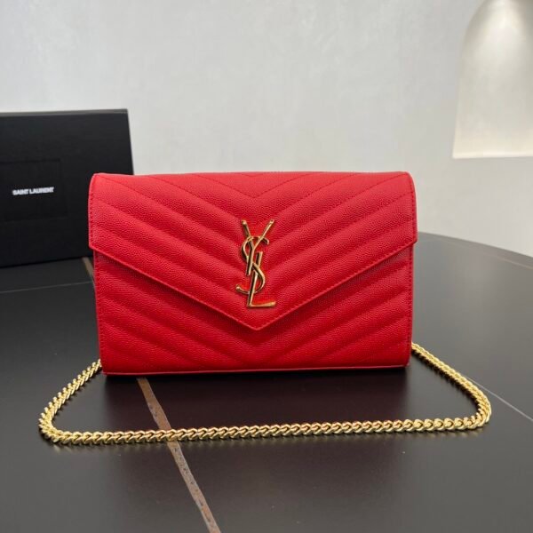 377828 YSL Monogram Chain Wallet Red Grained Calfskin Leather Flap Wallet 22.5 × 14 × 4 cm