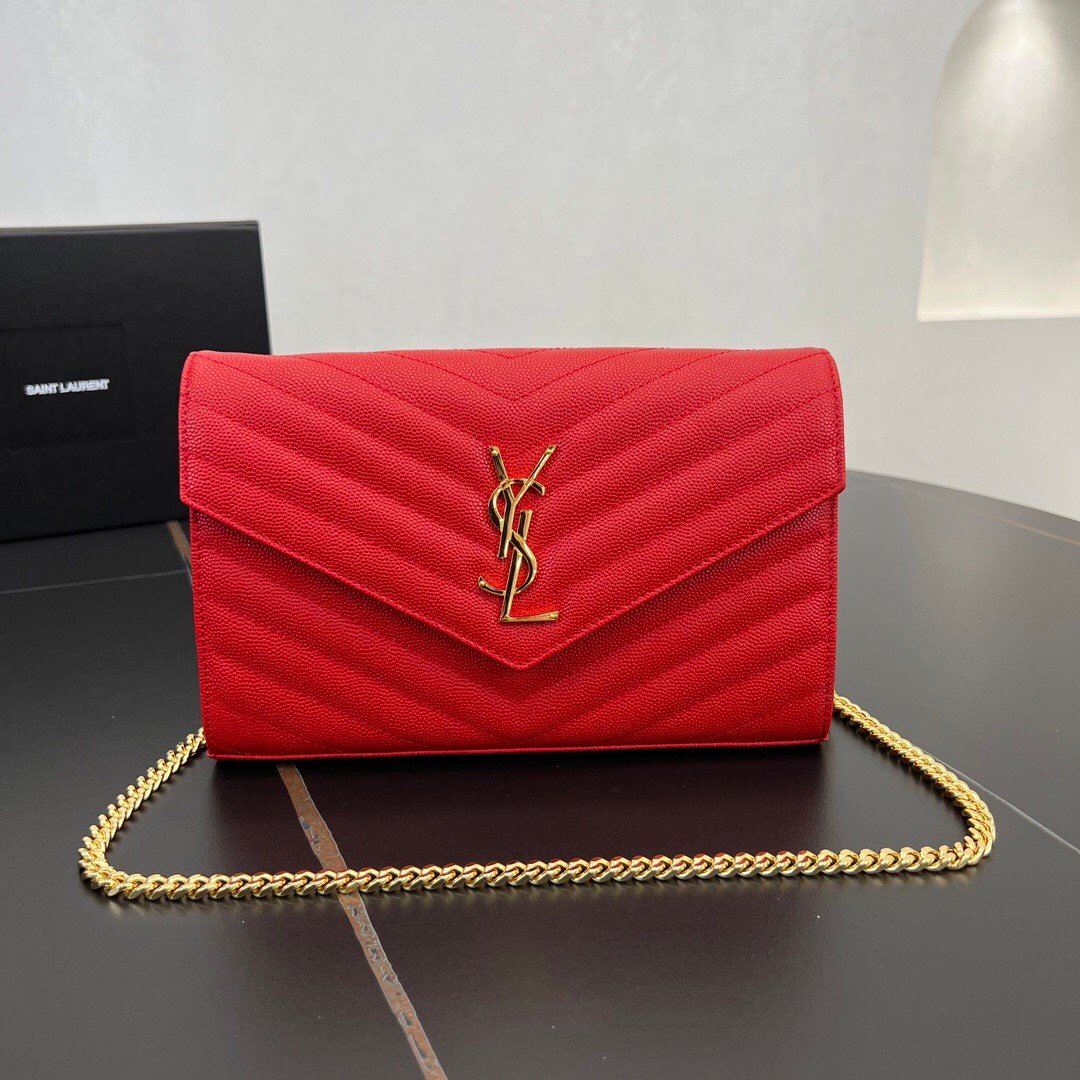 377828 YSL Monogram Chain Wallet Red Grained Calfskin Leather Flap Wallet 22.5 × 14 × 4 cm