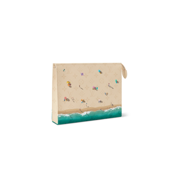 M2A499 LouisV Poche Toilette GM Beach Print Coated Canvas with Cowhide Leather Trim Travel Cosmetic Pouch 25 × 20 × 5.5 cm