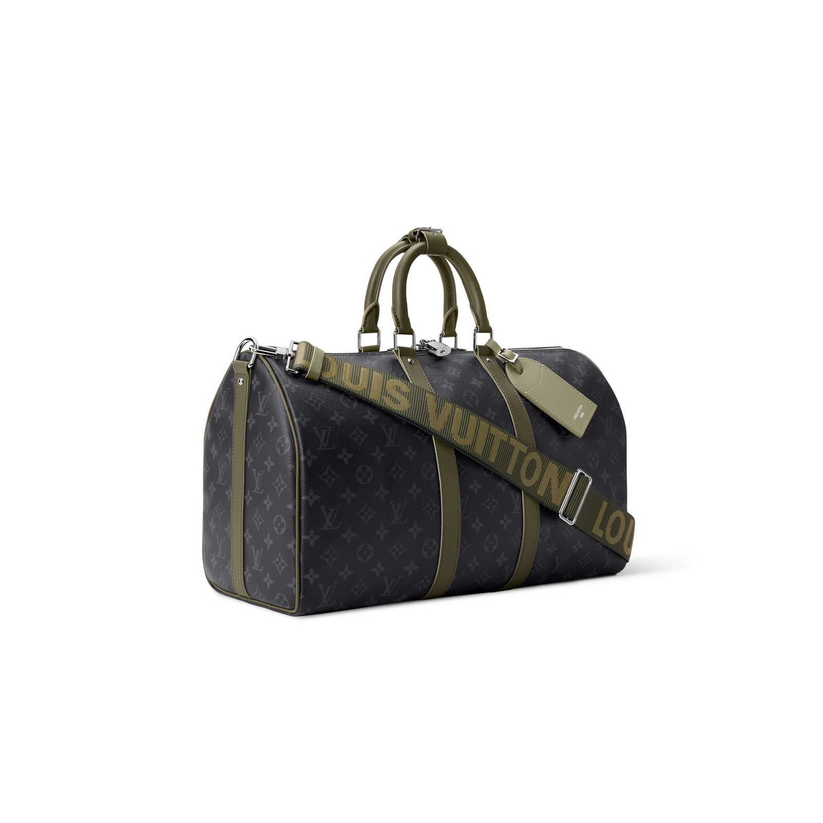 M28837 LouisV Keepall Bandoulière 45 Travel Bag Military Green & Black Monogram Eclipse Canvas Leather Trim Shoulder Duffle Bag 45 × 27 × 20 cm