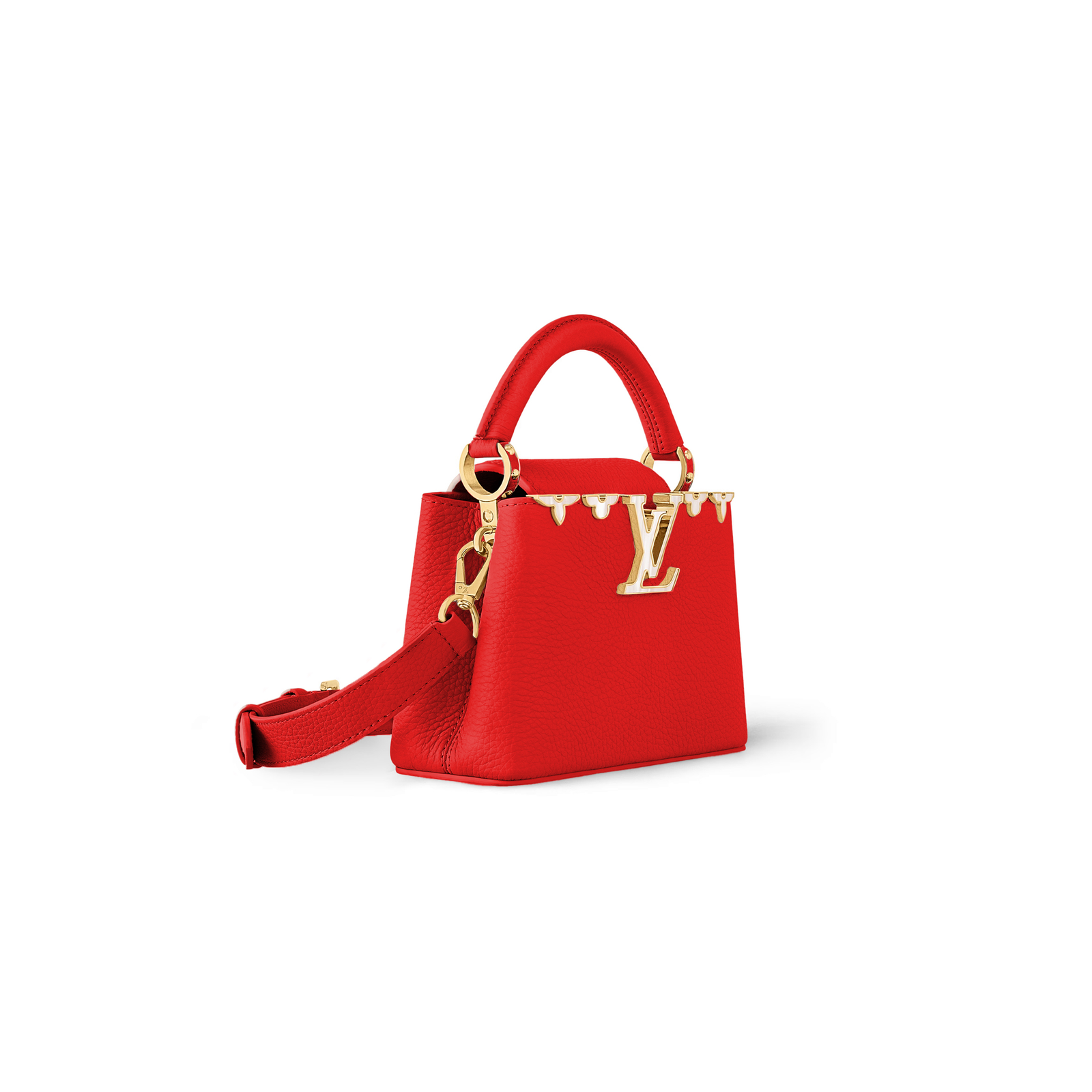 M23766 LouisV Capucines Mini Bag Red Floral Mother-of-Pearl Monogram Flower Leather Shoulder Strap Top Handle Crossbody Bag 21 × 14 × 8 cm