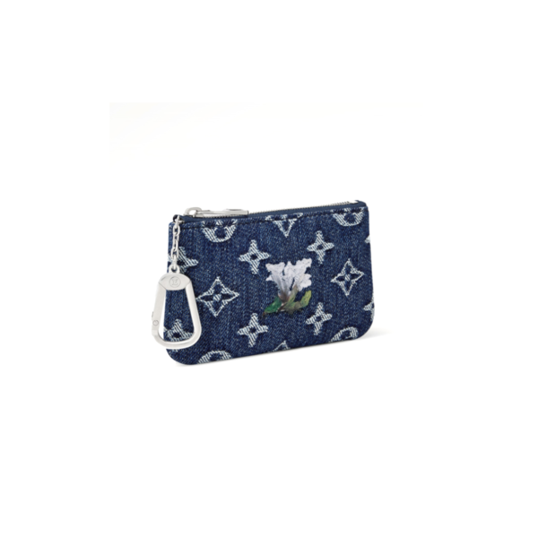M27561 LouisV Pochette Clés XS Key Pouch Blue Monogram Floral Denim Embroidery Coin Purse 13 × 8 × 1.5 cm
